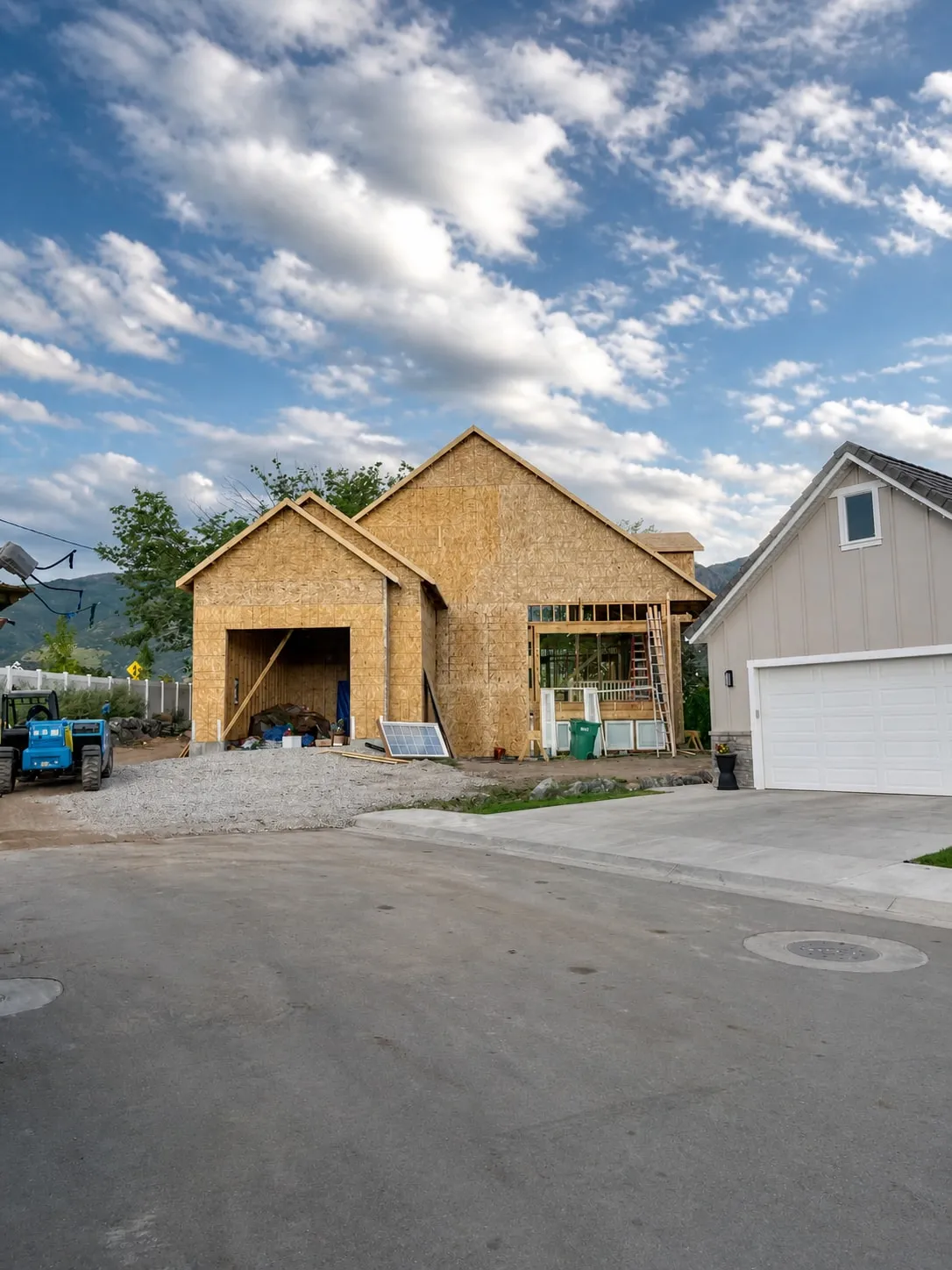 Newly framed garage addition sheathed in OSB alongside the existing house