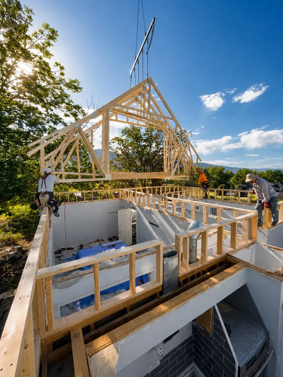 A crew setting new roof trusses by crane over the opened structure