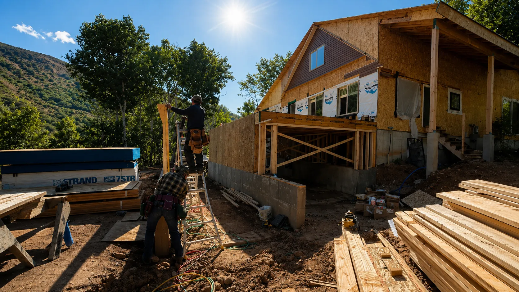 A HydeCo carpenter working on framing at a hillside jobsite
