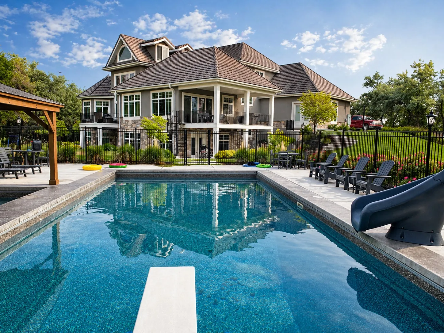Backyard pool with slide, patio, and covered outdoor living area