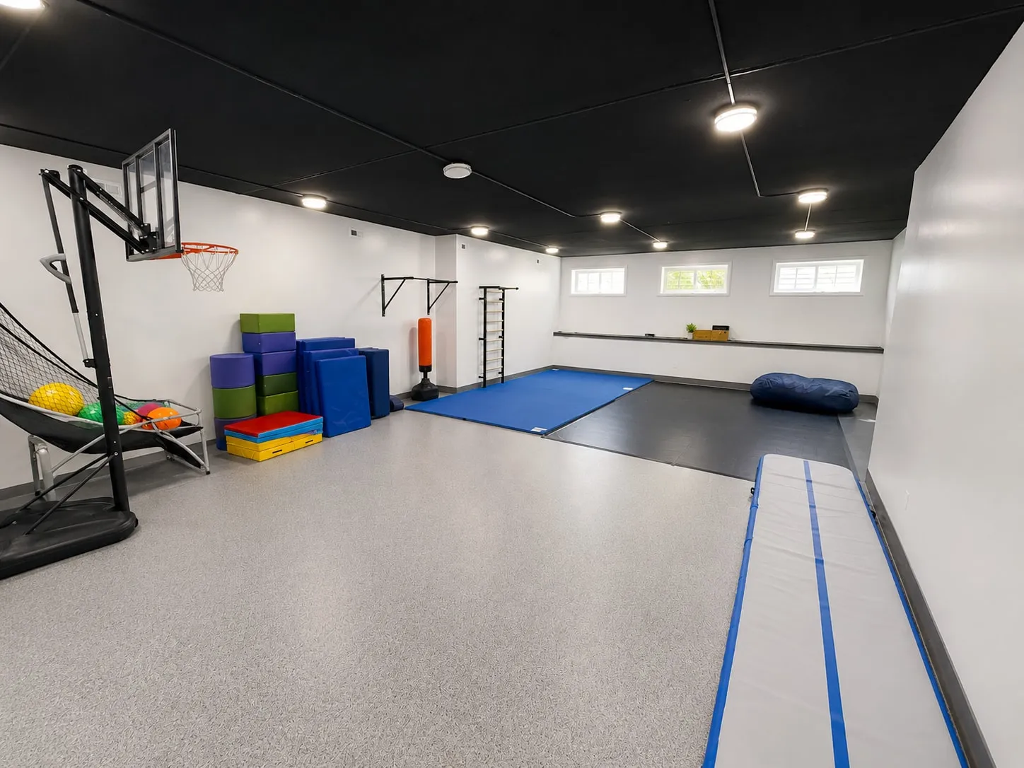 Indoor sport court with basketball hoop and gym flooring